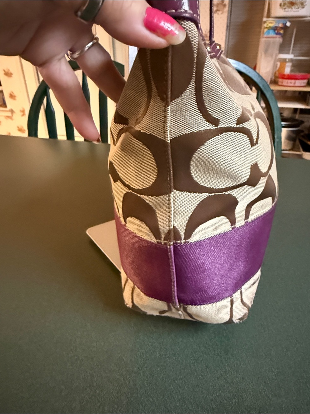 Coach Beige Signature Canvas Tote with Purple Trim - Picture 4 of 12